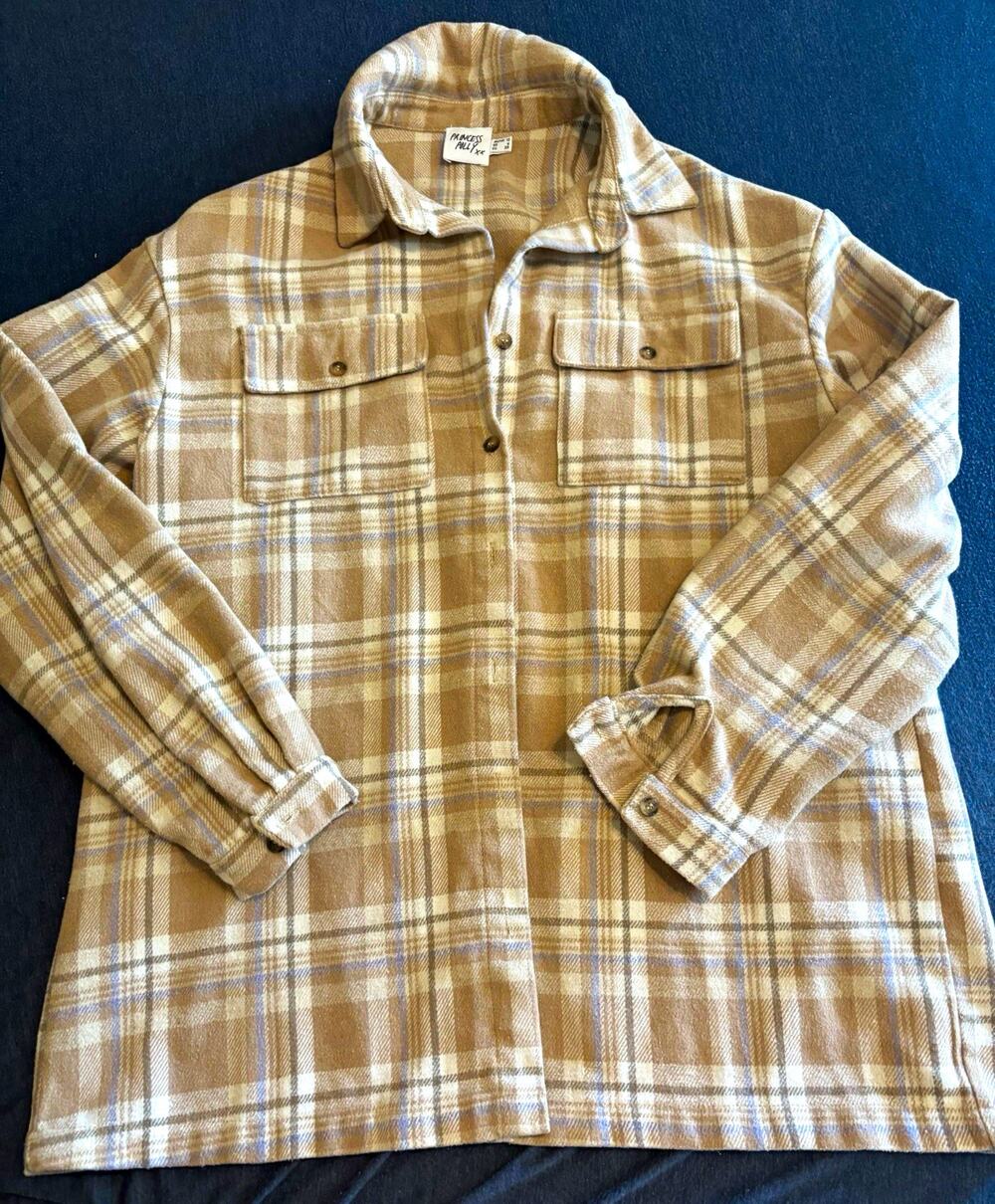 Princess Polly Women's 6 Beige/White Plaid Flannel Button-Up Shacket Pockets